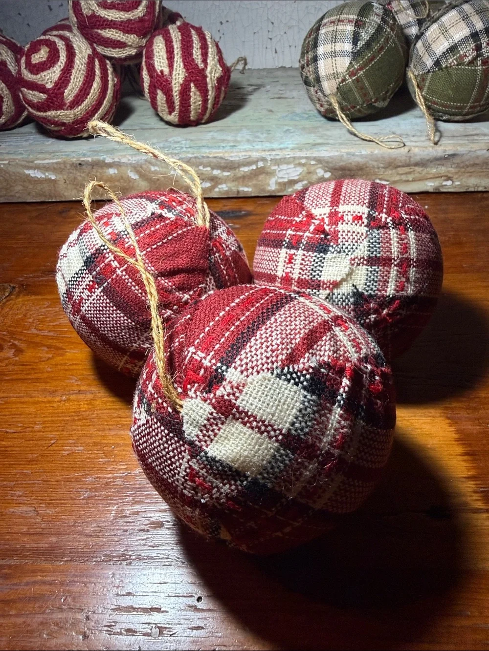3 - 4” Red Plaid Fabric Holiday Ornaments - Red & Cream